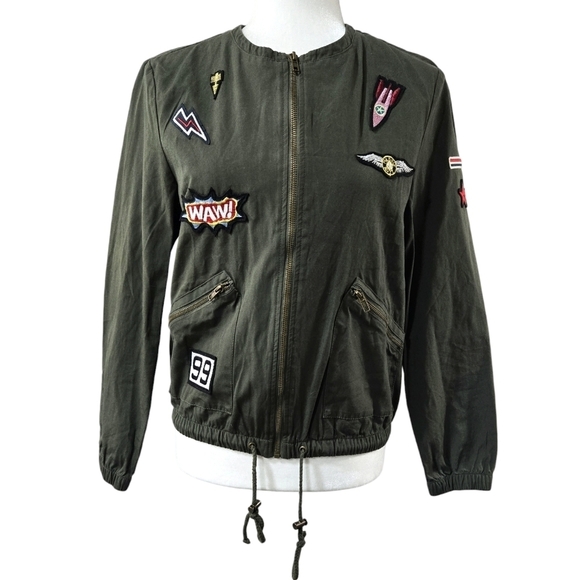 Freebird 100% Cotton Olive Green Embroidered Patch Bomber Jacket Y2K Look - Picture 1 of 9